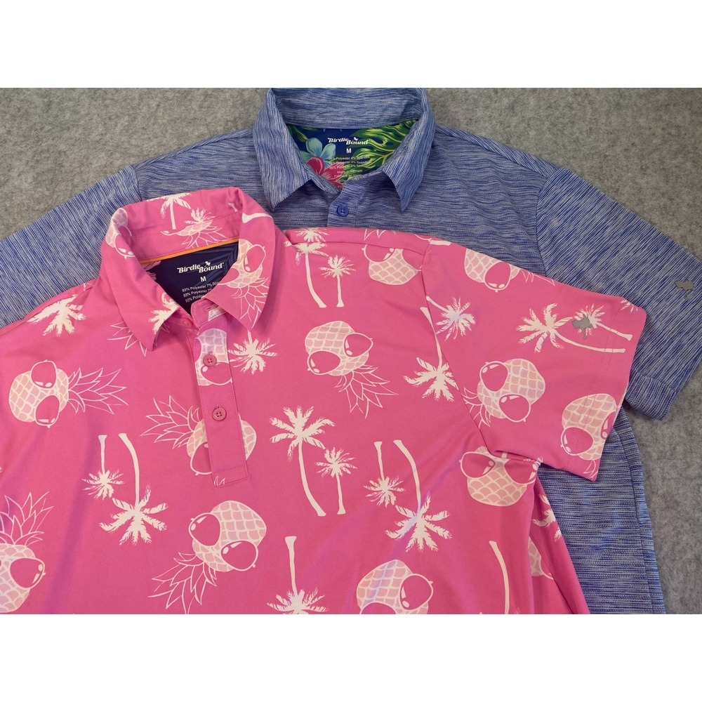 Birdie Bound Mens‎ Golf Polo LOT OF 2 Pink Pineapple Blue Space Dye Size Medium